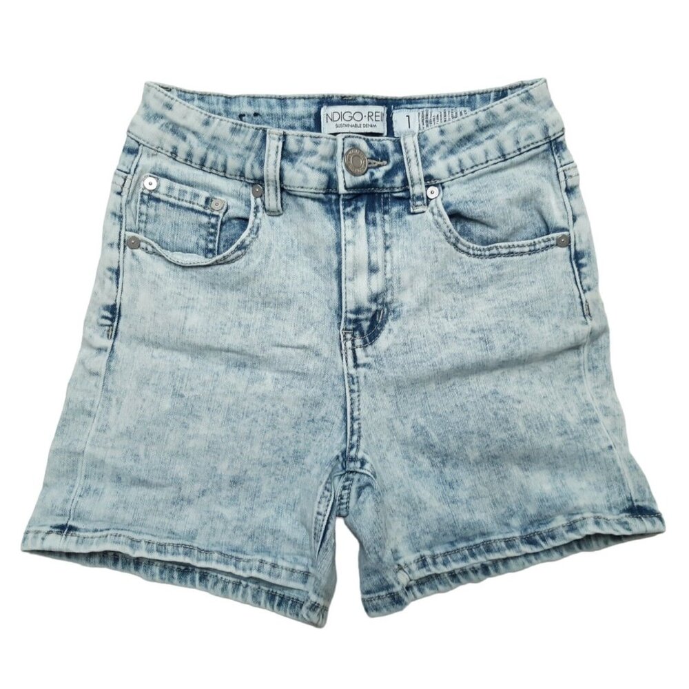 Indigo Rein Shorts Womens Juniors 1 Blue Mom Denim Mid Rise‎ Stretch Acid Wash